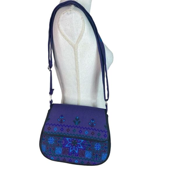Blue Purple Embroidered Star Cross Adjustable Crossbody Hard Body Cotton Purse - Picture 2 of 6